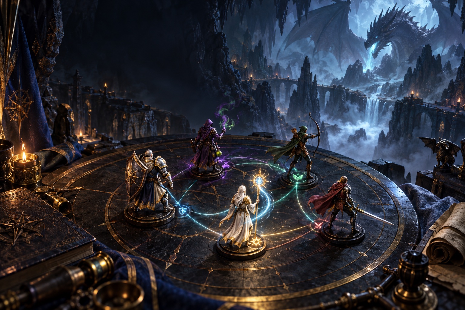 Original fantasy illustration of five adventurers planning together on a glowing battle table, with a dragon beyond.